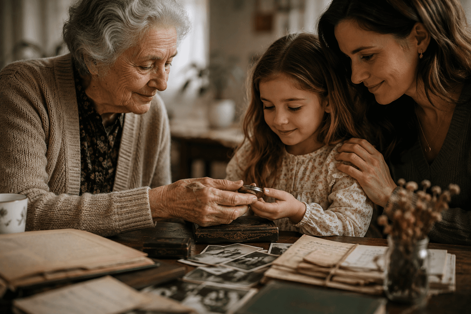 Trois générations d'une même famille réunies autour d'une table, une grand-mère transmettant un objet à sa petite-fille sous le regard de sa mère, entourées de photographies et de documents anciens.