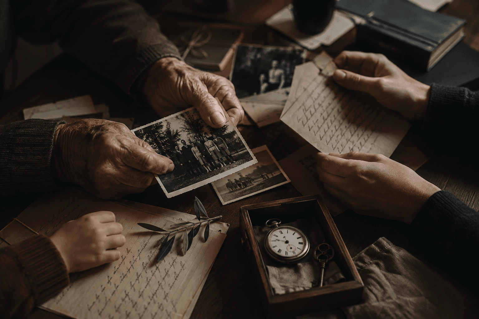 Des mains de plusieurs générations, entourées de photographies anciennes, de lettres manuscrites et d'une montre à gousset conservée dans un coffret en bois.